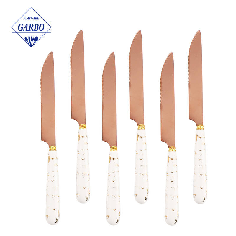 Wholesale Electroplating Luxury Golden Colored Tableware Dinner Knife na may Ceramic Handle