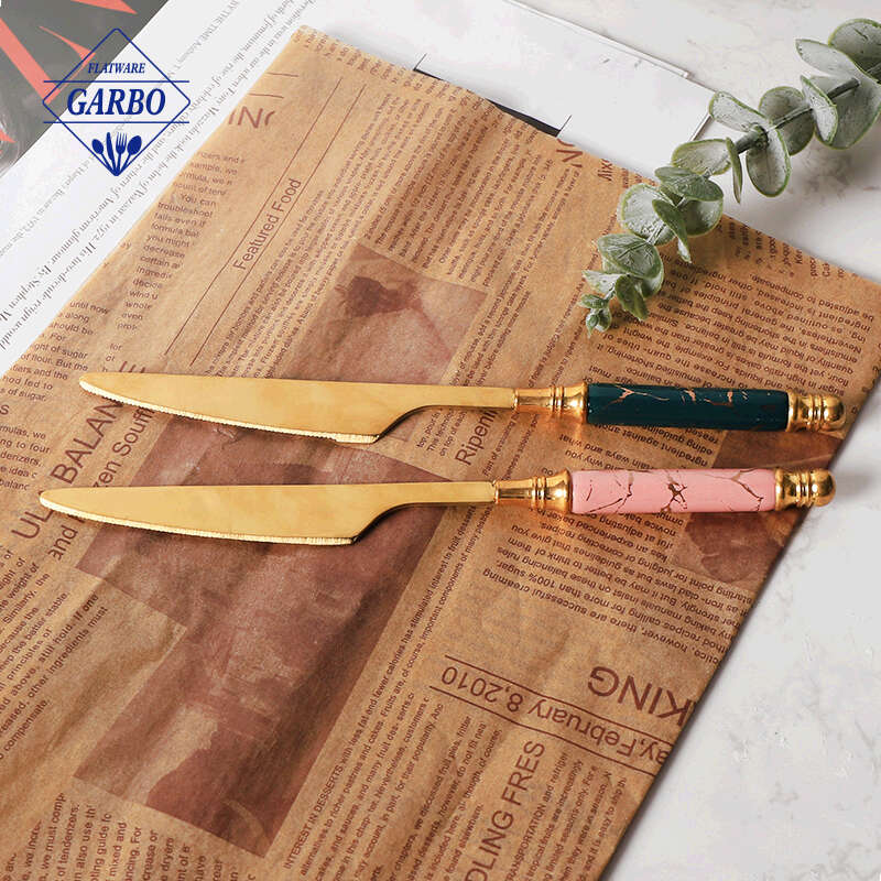 410 Stainless Steel Ceramic Handle Flatware Luxury Golden Color Dinner Knife