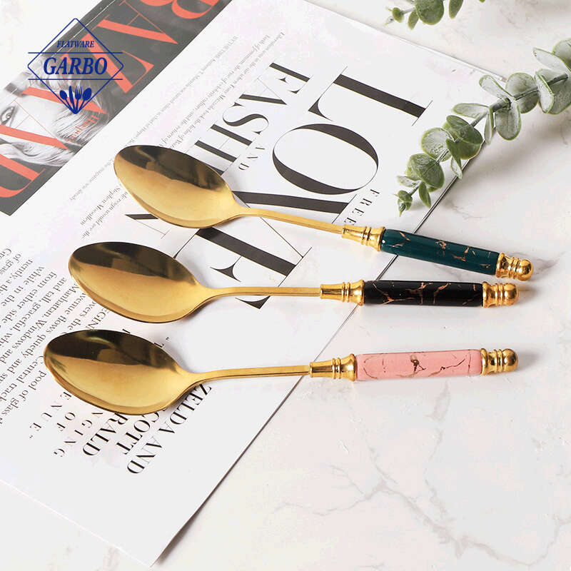 hot sale porcelain marble design dinner spoon with golden plating