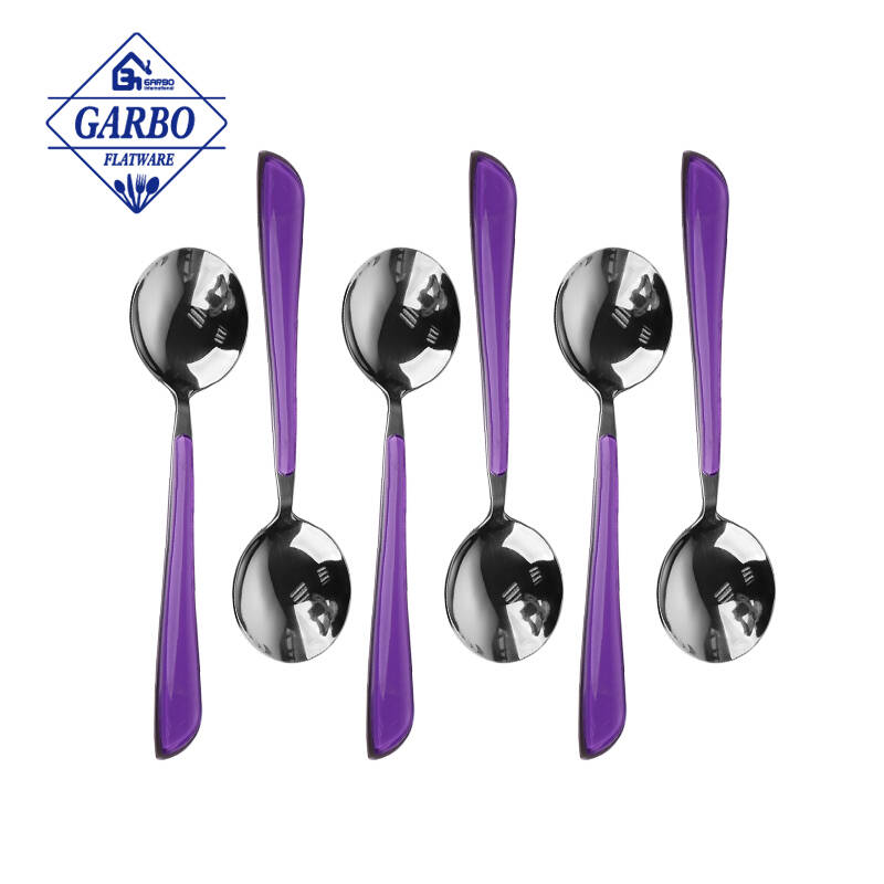 cucchiaio rotondo in acciaio inossidabile con manico in plastica viola brillante