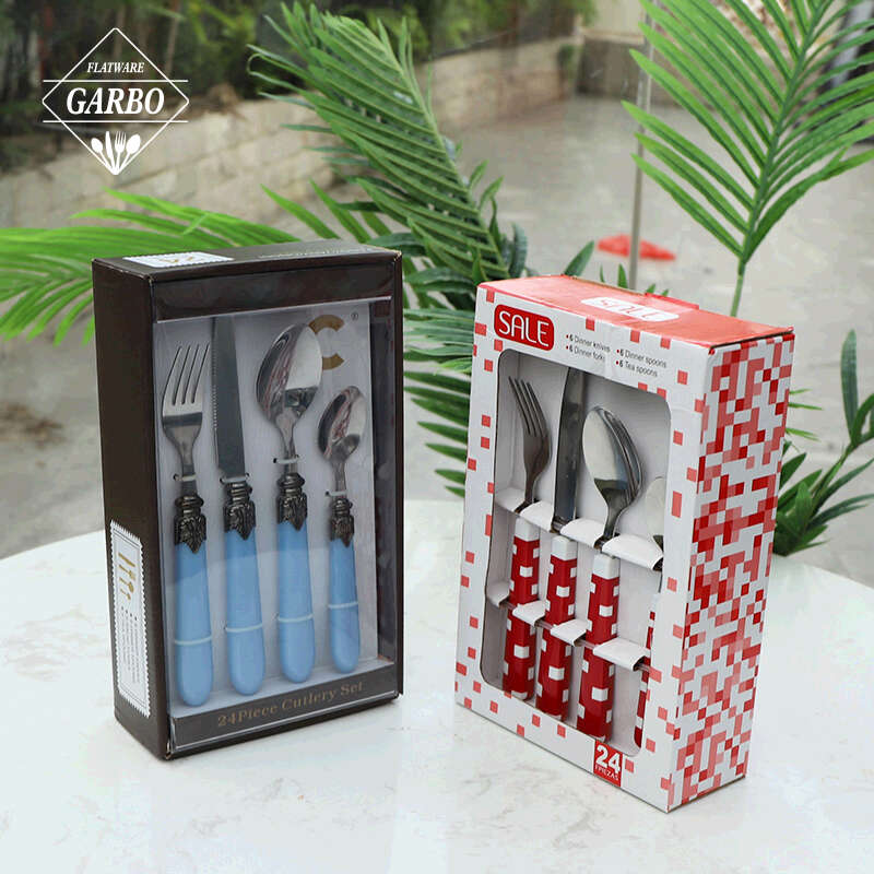 24pcs Set Desain Modern Sendok Garpu Set Pegangan Plastik PV Packing Sendok Garpu Set