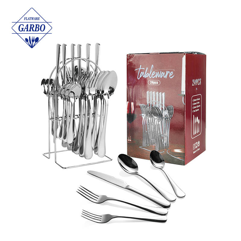 18/10 silverware set classic 24 pieces metal stainless steel flatware set with iron shelf