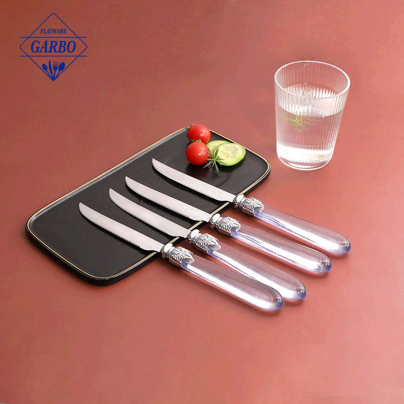 Elegante coltello da bistecca in acciaio inossidabile 410 a prezzo economico con manico in plastica trasparente