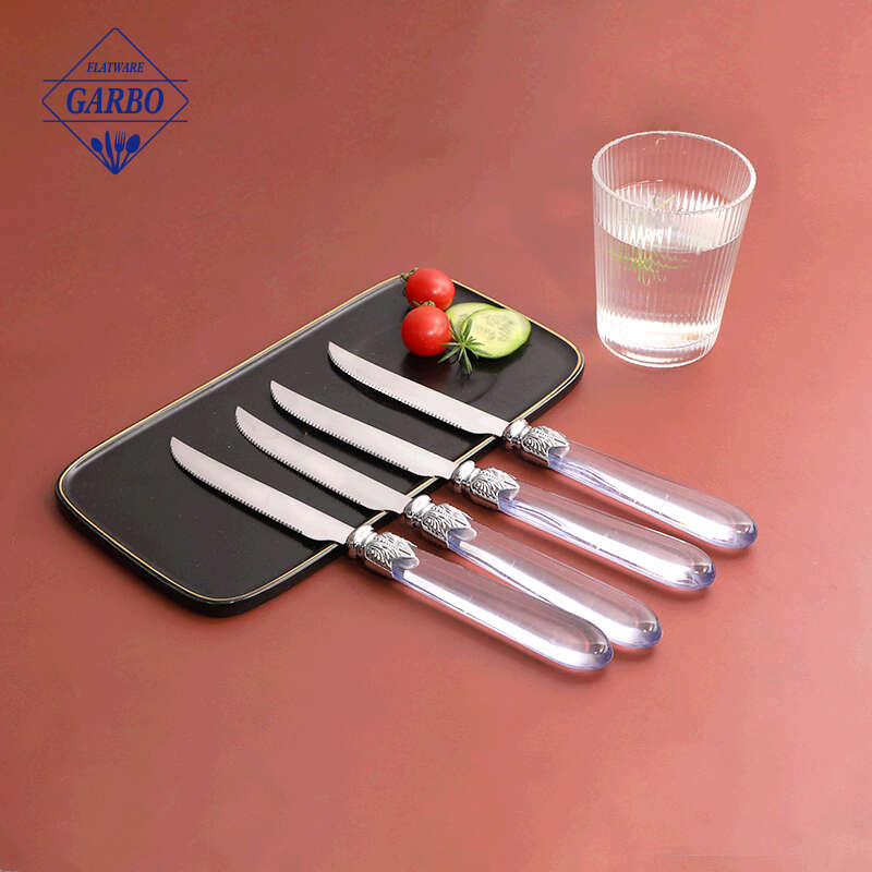 Elegan harga murah pisau steak stainless steel 410 dengan pegangan plastik transparan