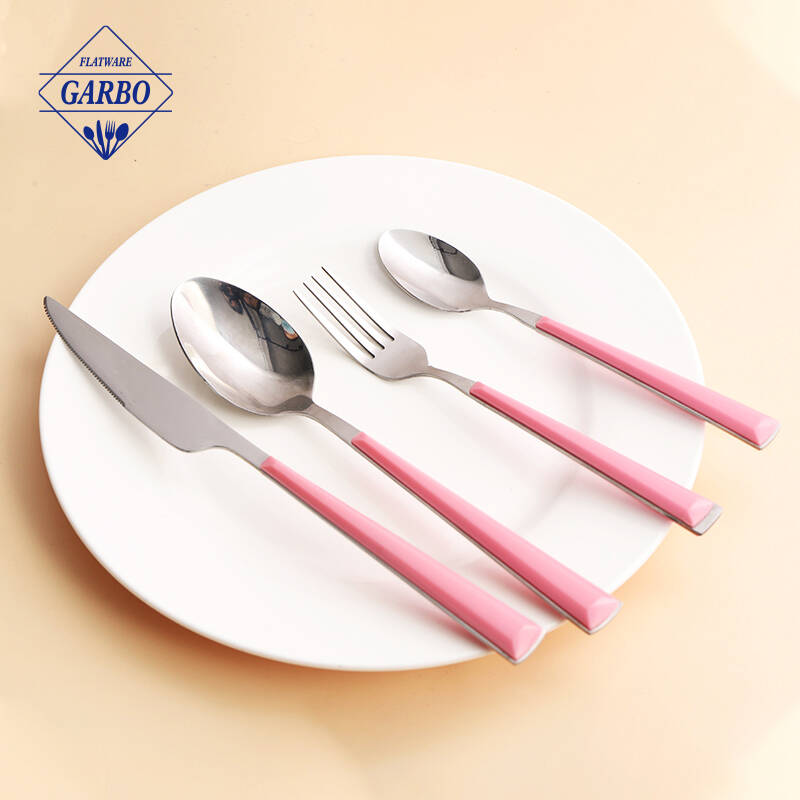 pink color plastic handle four pieces flatware set