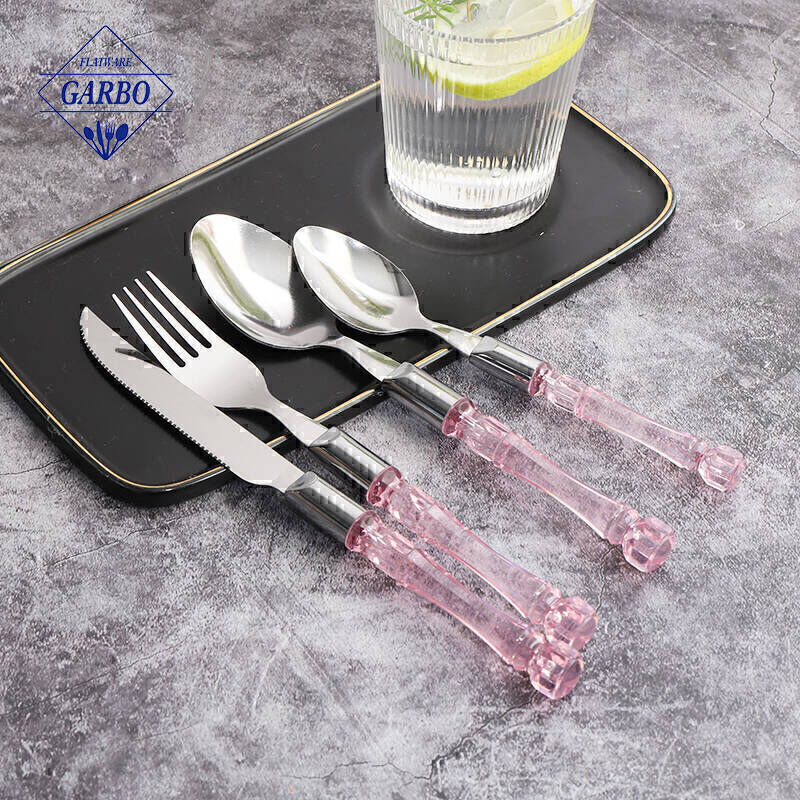 Custom Gift Box Spoon Fork Knife Dinner Flatware Set 24pcs Cutlery Set With pink plastic handle