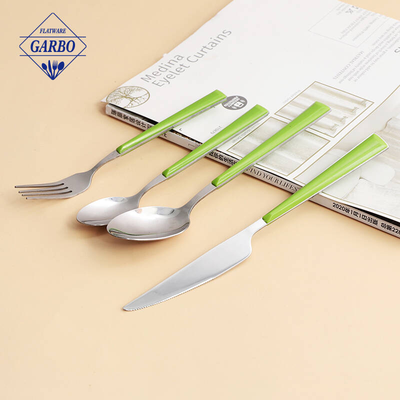 green color plastic handle stainless steel flatware set