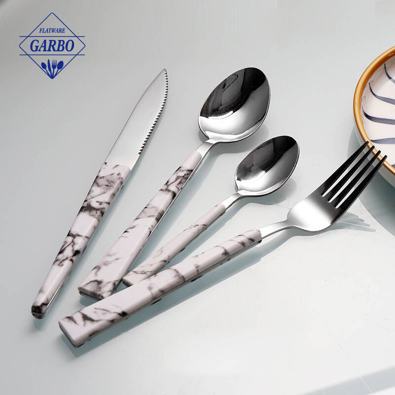 Marble design plastic handle stainless steel flatware set in home