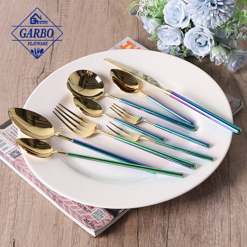 High-end premium 304 stainless steel mental cutlery set na may makulay na handle ng e-plating