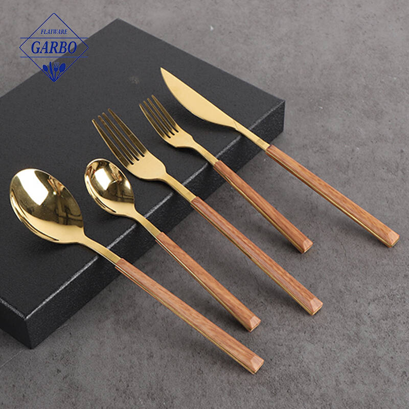 Luxury golden e-plating eating utensil China manufacture tableware flatware set of knife fork and spoon