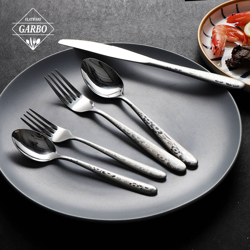 Luxury silver color cutlery set with laser special pattern logo on the handle