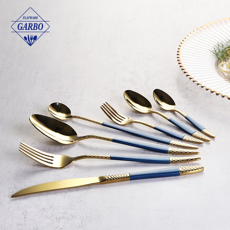 shinning golden polish blue color handle flatware high quality stainless steel cutlery set