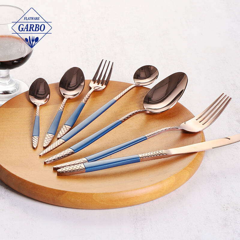 E-plating rose gold color flatware with blue handle mirror polish cutlery set