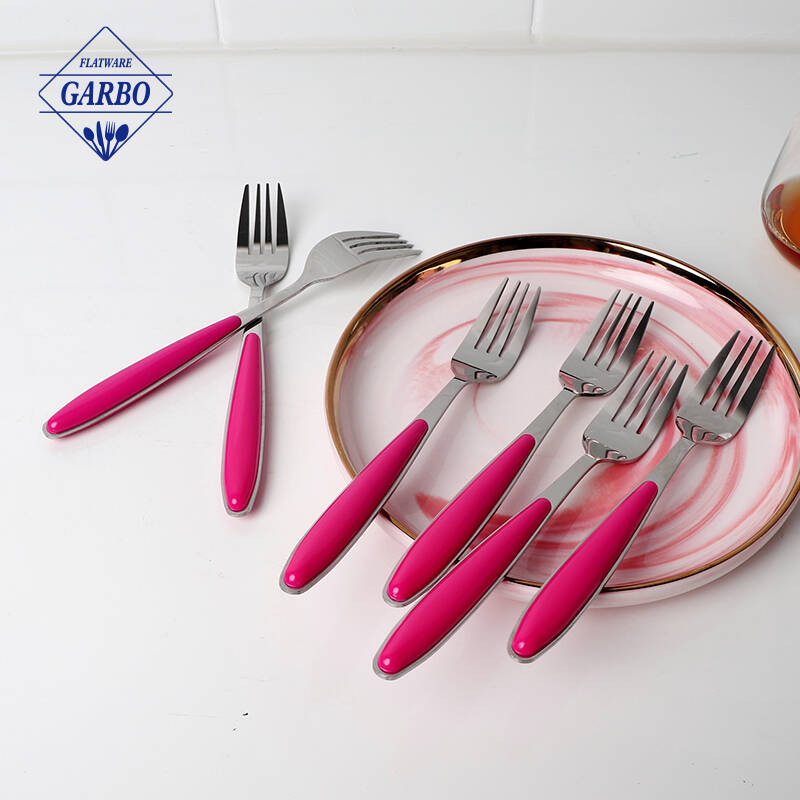 pink color plastic handle design inox dinner fork hot sale in super store