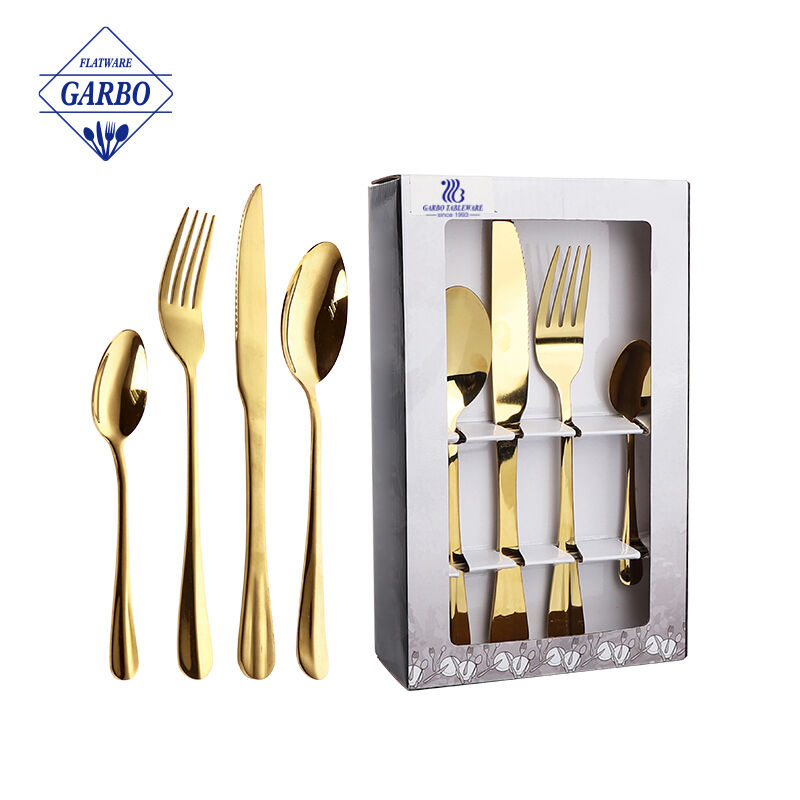 Hot selling set sendok garpu stainless steel emas dengan pegangan juara