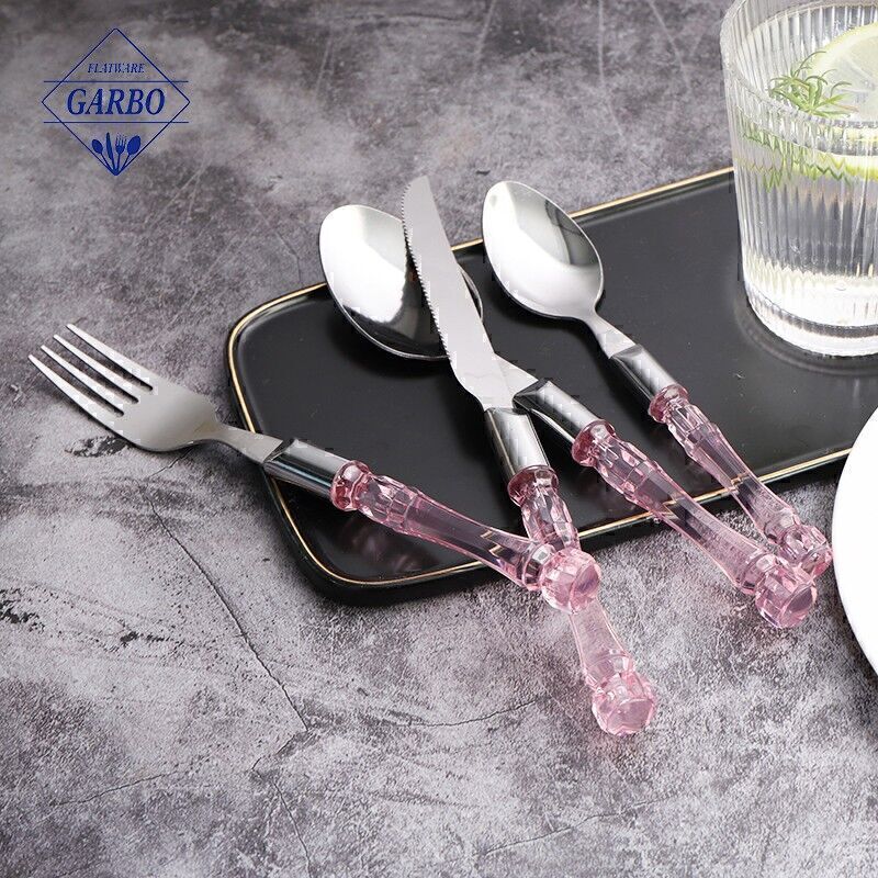 Pink color plastic handle sliver cutlery set for home popluar