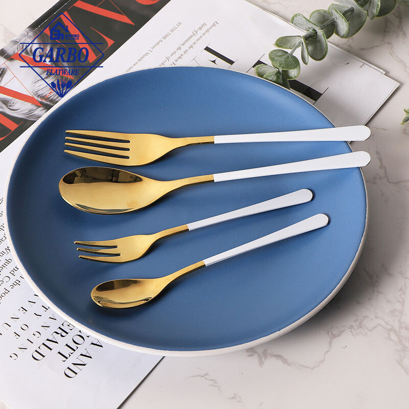 4pcs-set 430 stainless steel cutlery gold e-plating eating utensils na may puting hawakan