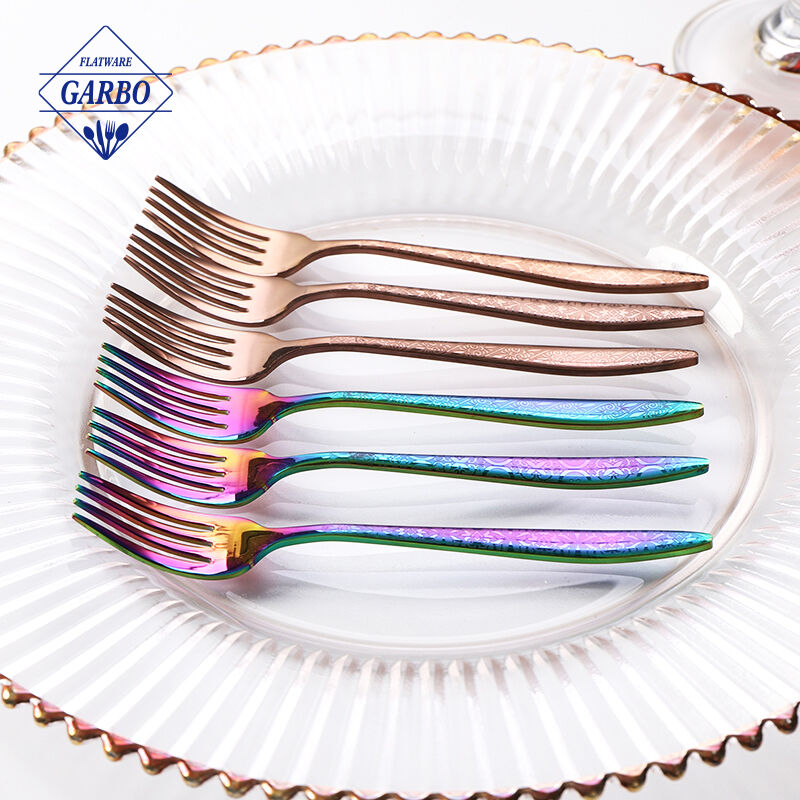 Tenedor de cena de cubiertos de acero inoxidable decorativo deslumbrante de arco iris