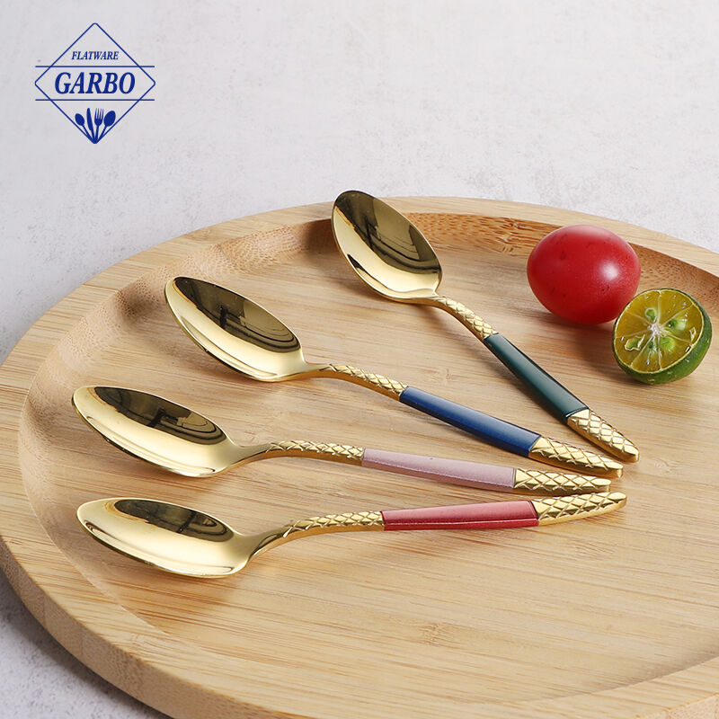 Gold Dessert Spoon Set 8inch Stainless Steel Shiny Gold Teaspoon Espresso Coffee Spoon with color painted handle