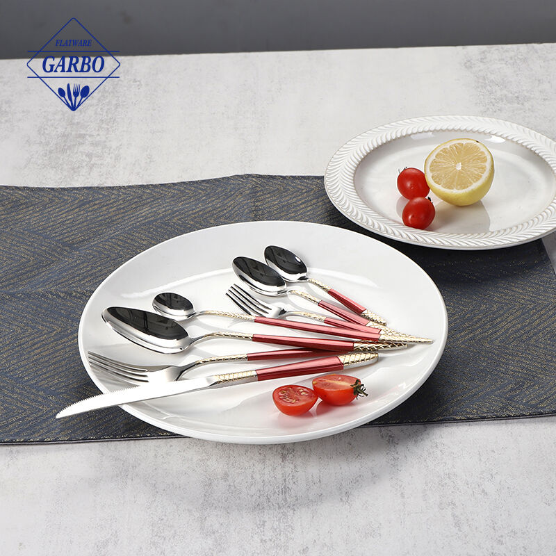 China flatware factory made 201 410 stainless steel cutlery set with red color handle