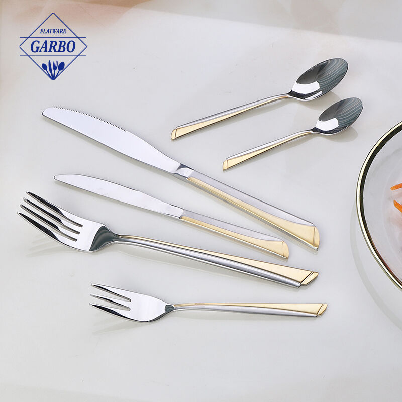 Chinese Factory Direct High Quality Silvery Mirror Stainless Steel Flatware Set with Gold Plated Handle