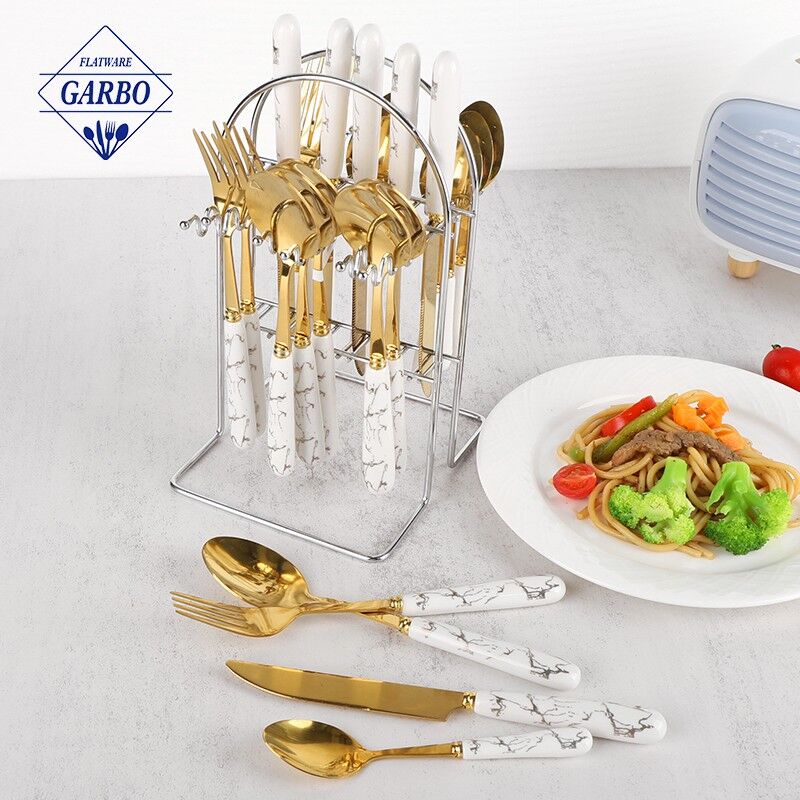 High end gold color cutlery set with holder mirror polish flatware