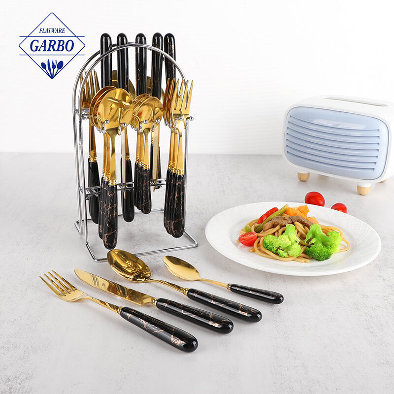 Marble Black Ceramic Handle 24pcs Stainless Steel Flatware Gold Cutlery with Iron Shelf