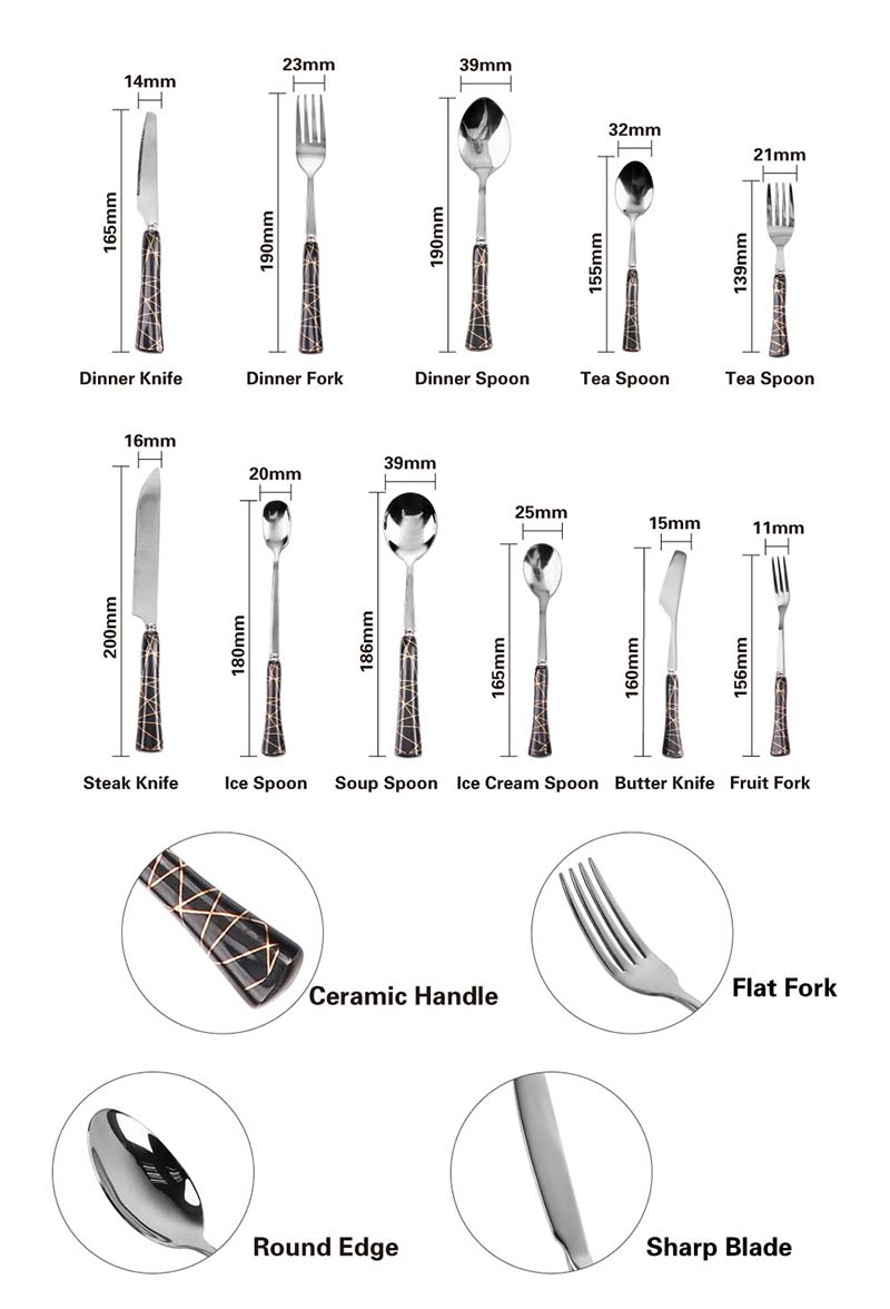 Pegangan Keramik Marmer Hitam 24 pcs Sendok Garpu Stainless Steel Sendok Garpu Emas dengan Rak Besi