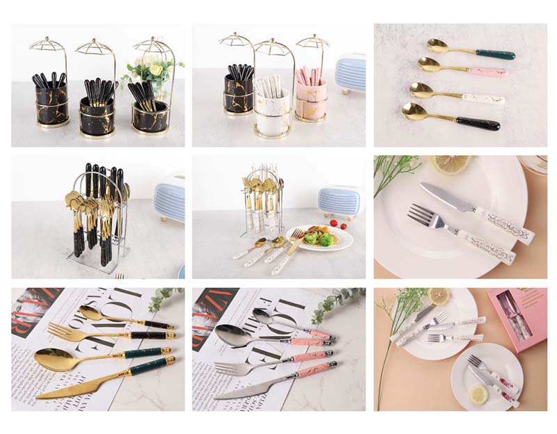 Marble Black Ceramic Handle 24pcs Stainless Steel Flatware Gold Cutlery with Iron Shelf