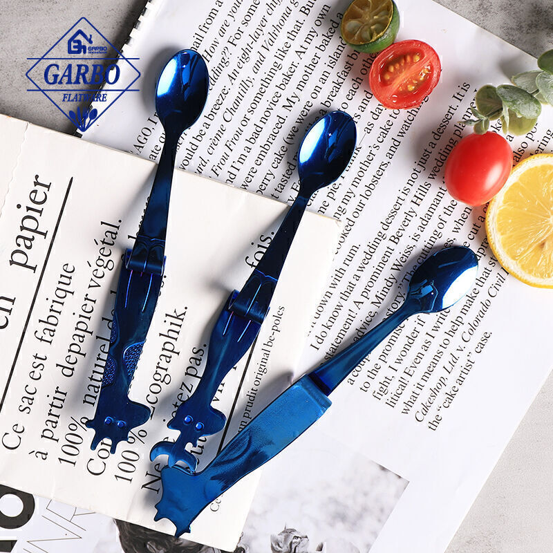 Premium quality 304 stainless steel teaspoon blue electroplating color kitchen utensils with cute handle