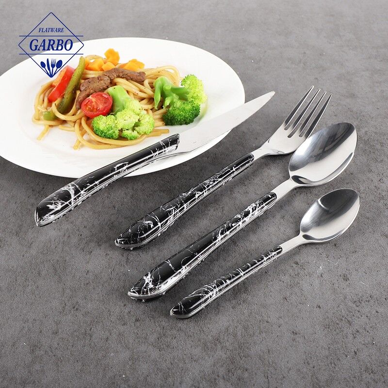 Classic marble design handlde dinner cutlery set sliver color faltware