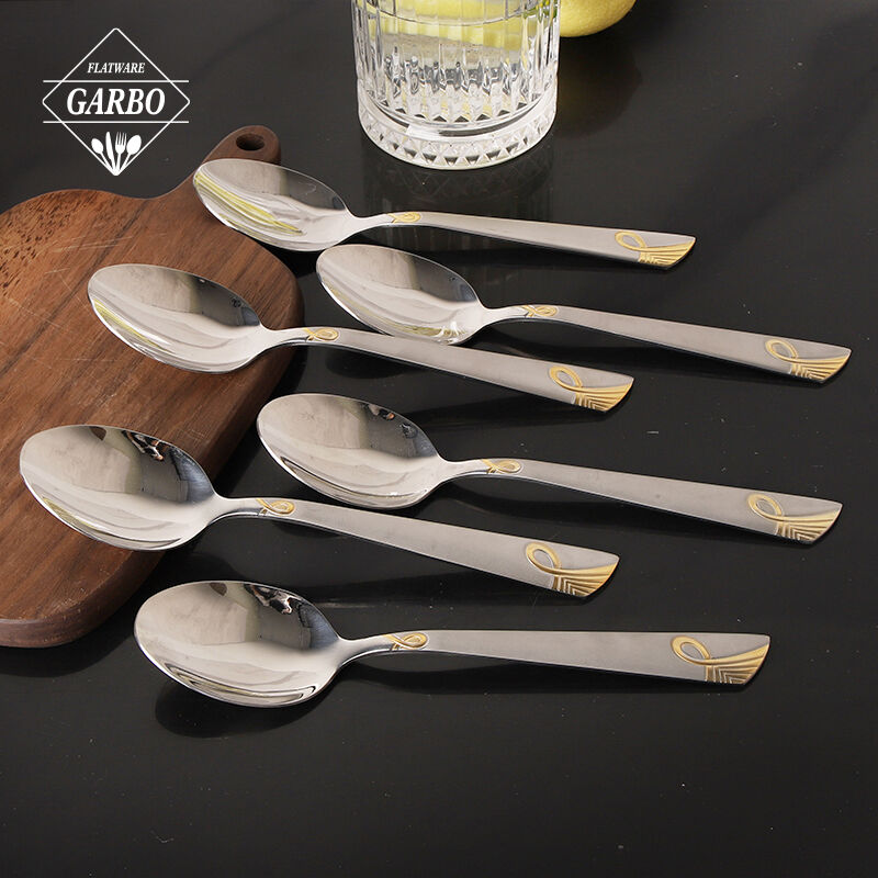 Luxury silverware 18/8 stainless steel dinner dessert spoon with gold electroplating handle