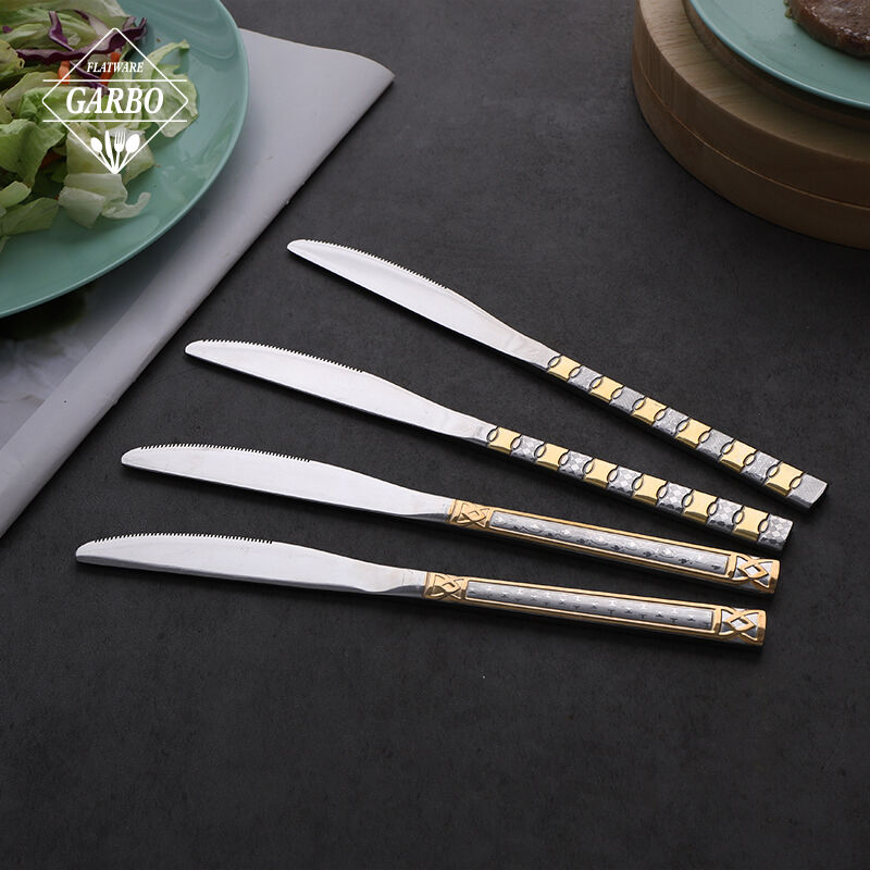 Luxury modern silver stainless steel dining knife with gold plating handle