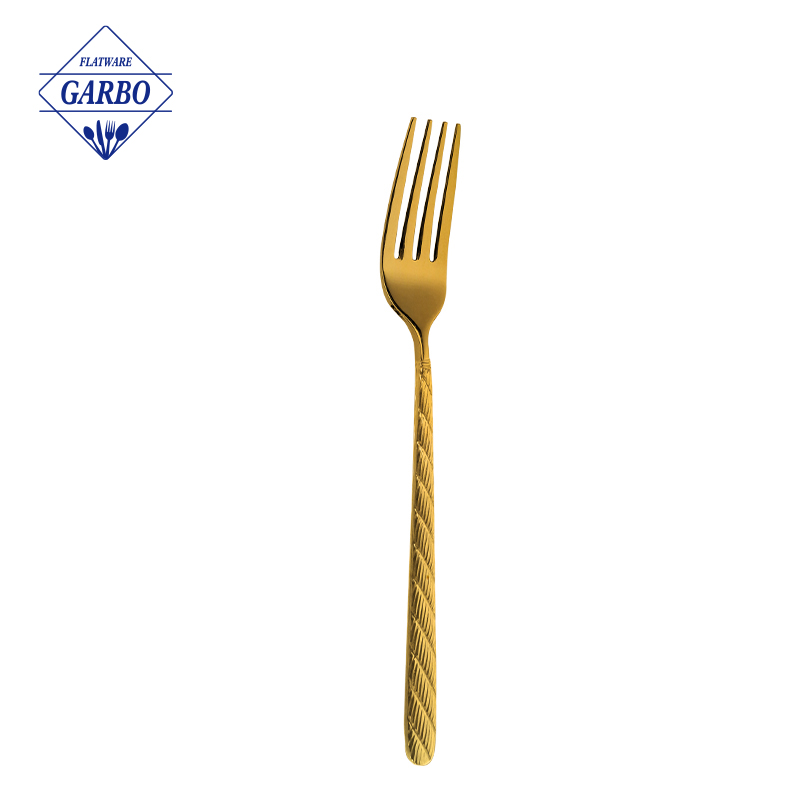 2023 New arrival Gold Titanium-plated dinner fork with embossed handle