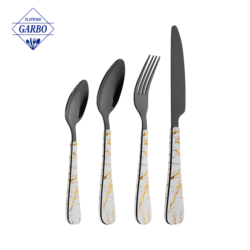 Marble design handle cutlery set black electroplating sliverware sets