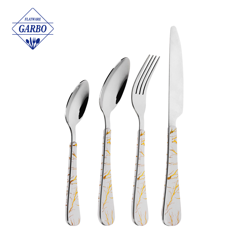 Grosir Harga Murah Marble Design ABS Handle 16pcs 24pcs Mirror Stainless Steel Cutlery Set