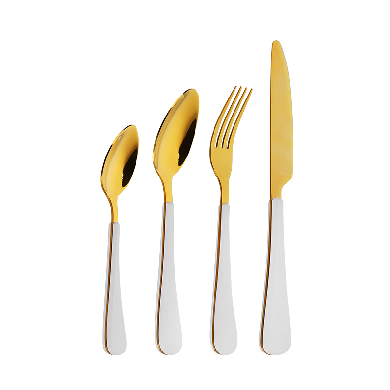 4-Piece Gold Electroplated Stainless Steel Cutlery Set dengan Pegangan Plastik ABS
