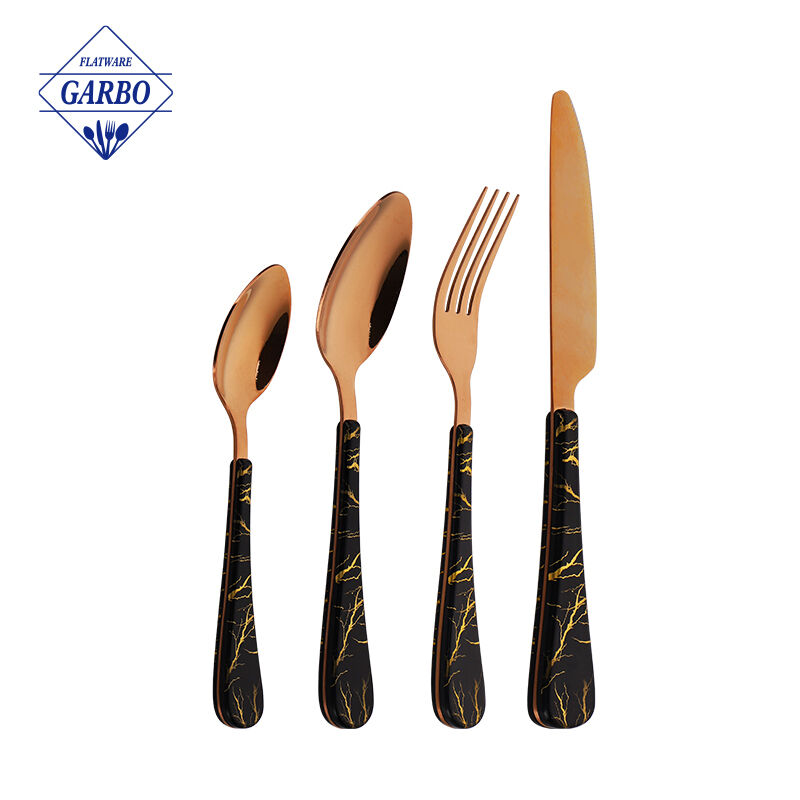 Special Black Marble ABS Handle Dinner Flatware Mirror Rose Golden Stainless Steel Cutlery Set