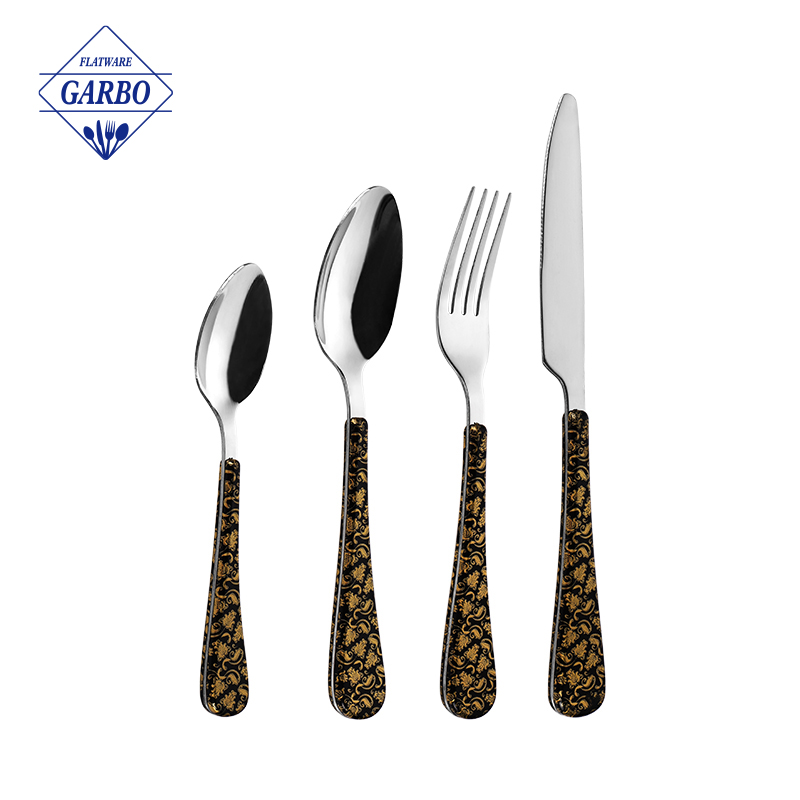 Amazon Vintage Golden Plastic Handle Hot Selling Mirror Stainless Steel Cutlery Set Sendok Garpu