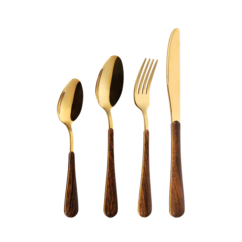 Set Peralatan Makan 4 Potong Stainless Steel Emas Berkualitas Tinggi dengan Gagang Plastik Woodgrain