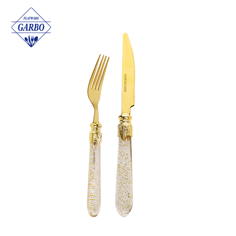 Stainless Steel Gold Dinner Fork and Knife Set with Innovative Plastic Handles