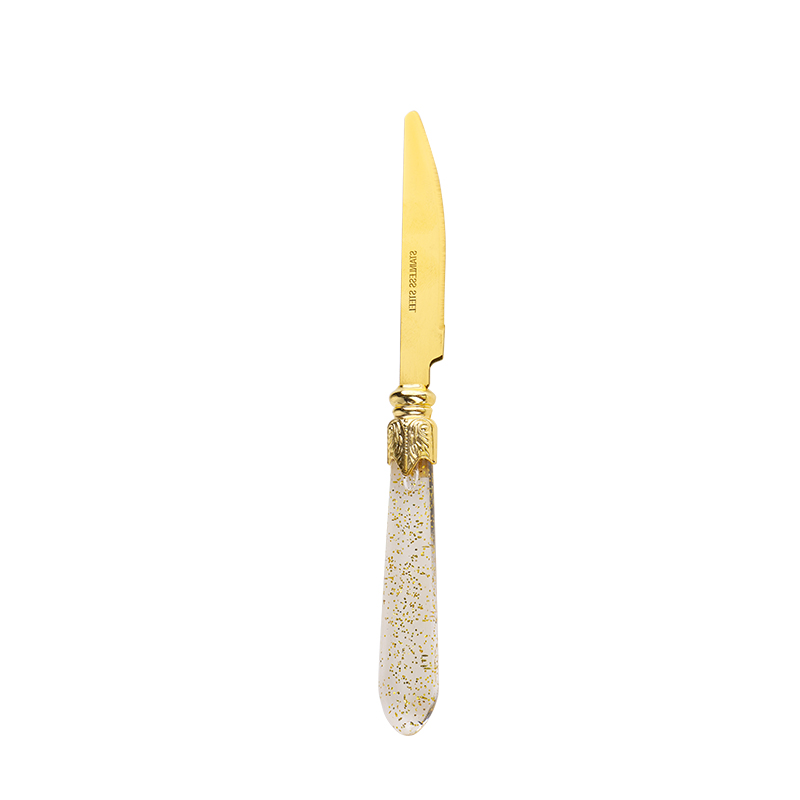 Cuchillo de cena de acero inoxidable con mango de plástico dorado de nuevo diseño de 410 materiales