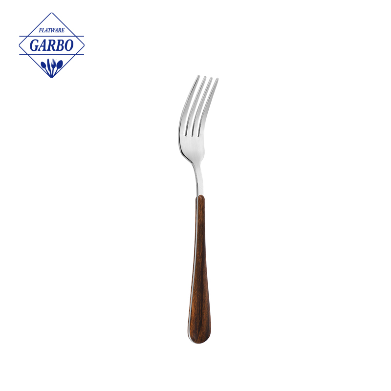 Tenedor plateado de la cena del acero inoxidable de la manija plástica del grano de madera del vendedor superior de Amazon