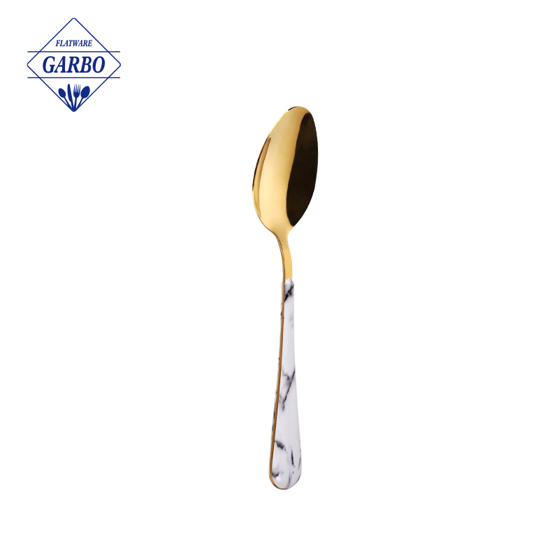 Hindi kinakalawang na asero Gold Dinner Spoon na may Marble-Embossed Plastic Handle