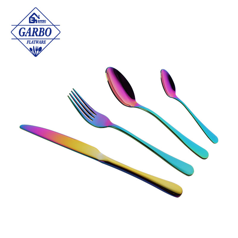 أدوات المائدة المصنوعة من الفولاذ المقاوم للصدأ بمرآة ملونة خاصة بألوان قوس قزح PVD بسعر الجملة