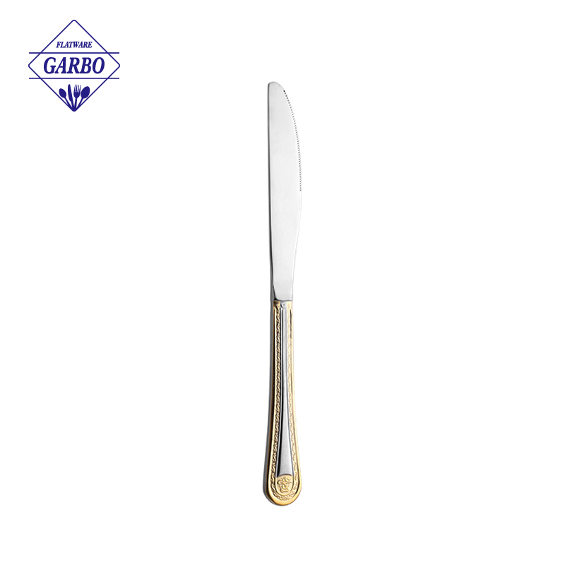 Cuchillo de mesa de metal plateado 420 de alta gama con mango de lijado dorado