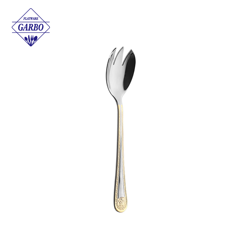 China factory direct sale stainless steel salad fork na may gold plated handle