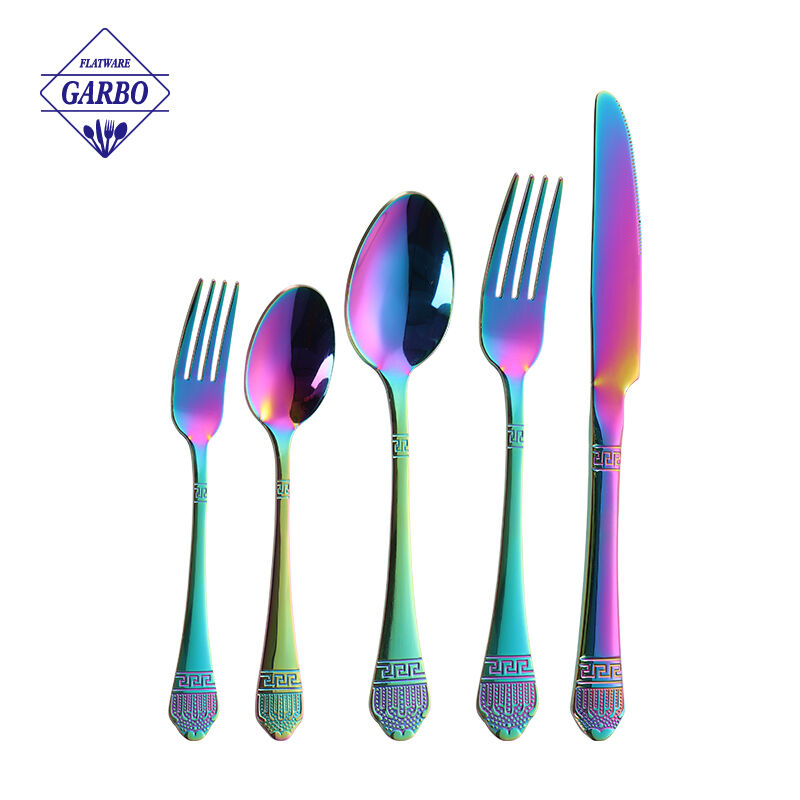 Factory Vintage Pattern Embossed Handle Rainbow Color Cutlery Set