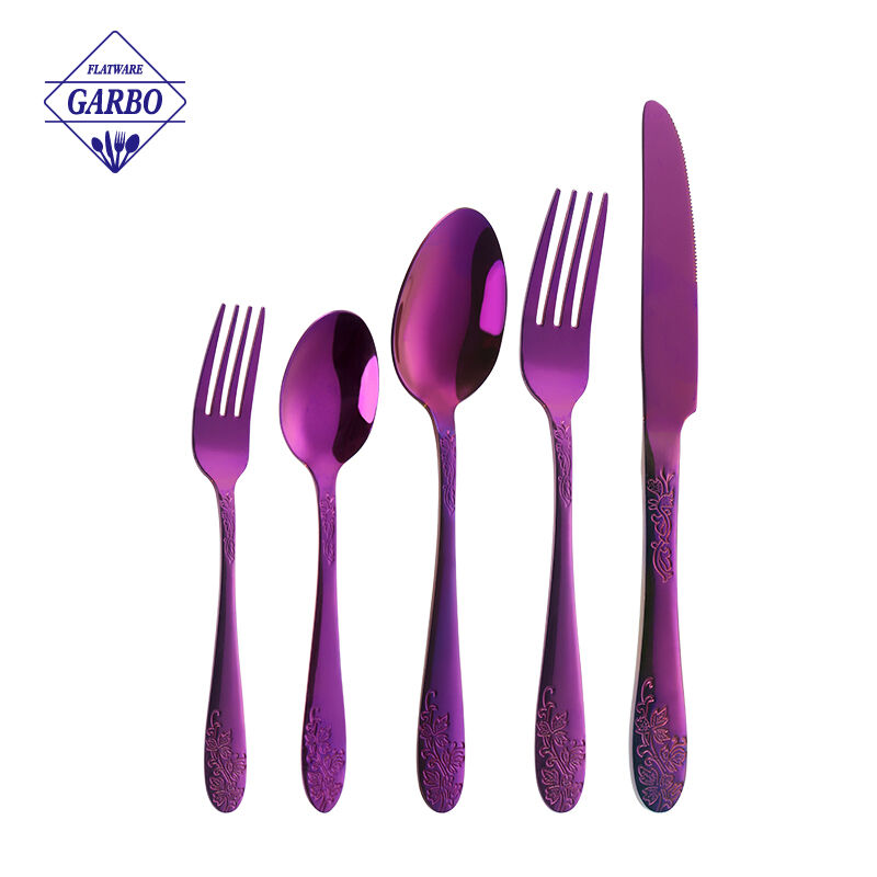 Juego de cubiertos de 5 piezas de acero inoxidable morado de colores brillantes