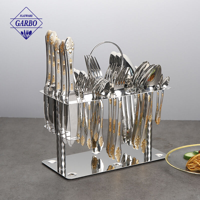 Factory Directly 18/10 Unique 30PC Cutlery Sets Laser Handle Gold Plated with metal stand